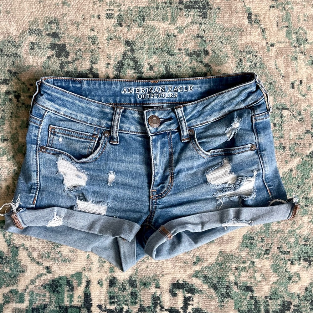 American Eagle Outfitters Super Low Shortie Denim Blue Jean Shorts 6 Distressed
